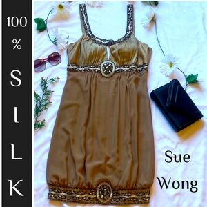 Sue Wong Holly's Elegant Tan Embellished Silk Dress